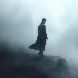 A hauntingly beautiful scene featuring a solitary man dressed in a long, dark coat, wandering through a dense, swirling fog