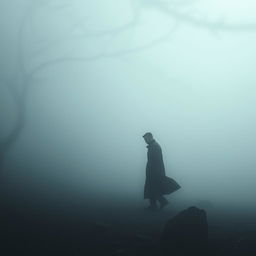 A hauntingly beautiful scene featuring a solitary man dressed in a long, dark coat, wandering through a dense, swirling fog