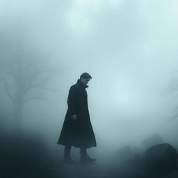 A hauntingly beautiful scene featuring a solitary man dressed in a long, dark coat, wandering through a dense, swirling fog