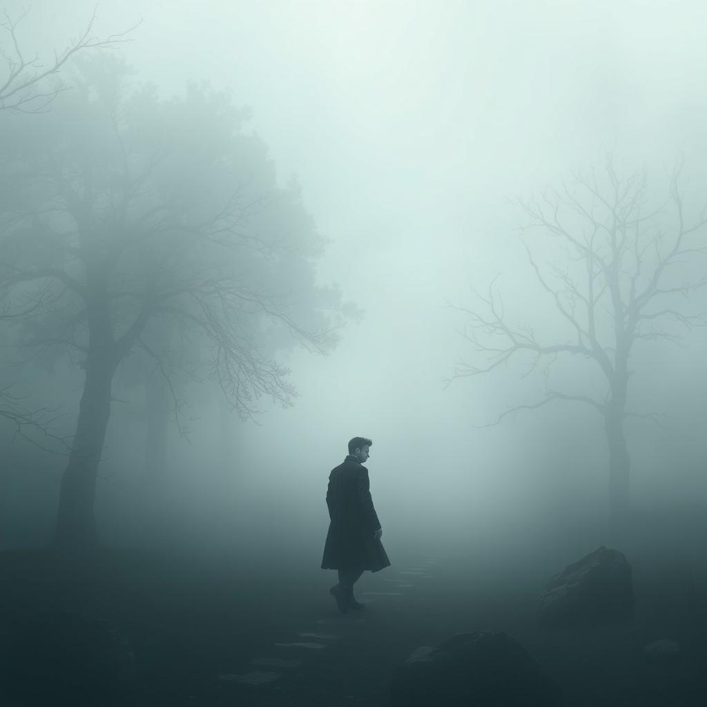 A hauntingly beautiful scene featuring a solitary man dressed in a long, dark coat, wandering through a dense, swirling fog