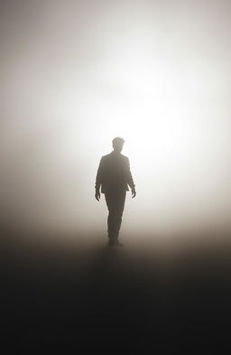 A silhouette of a man walking through a thick fog, searching for the traces of his lost life