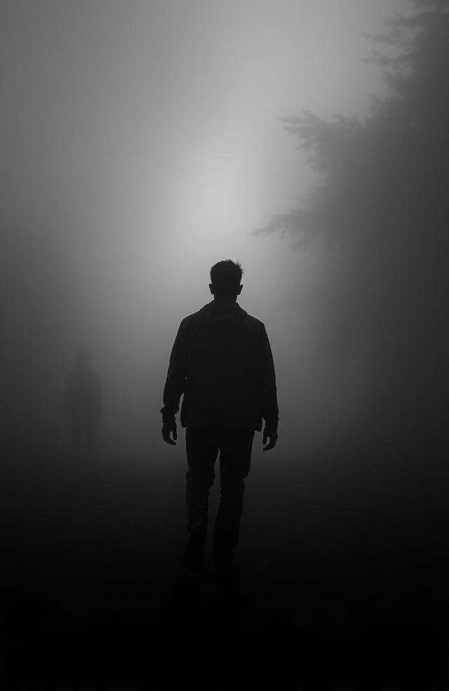 A silhouette of a man walking through a thick fog, searching for the traces of his lost life