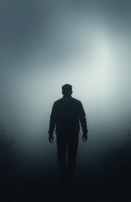 A silhouette of a man walking through a thick fog, searching for the traces of his lost life