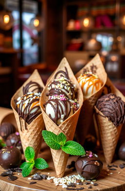 A delicious assortment of gourmet truffle cones displayed beautifully