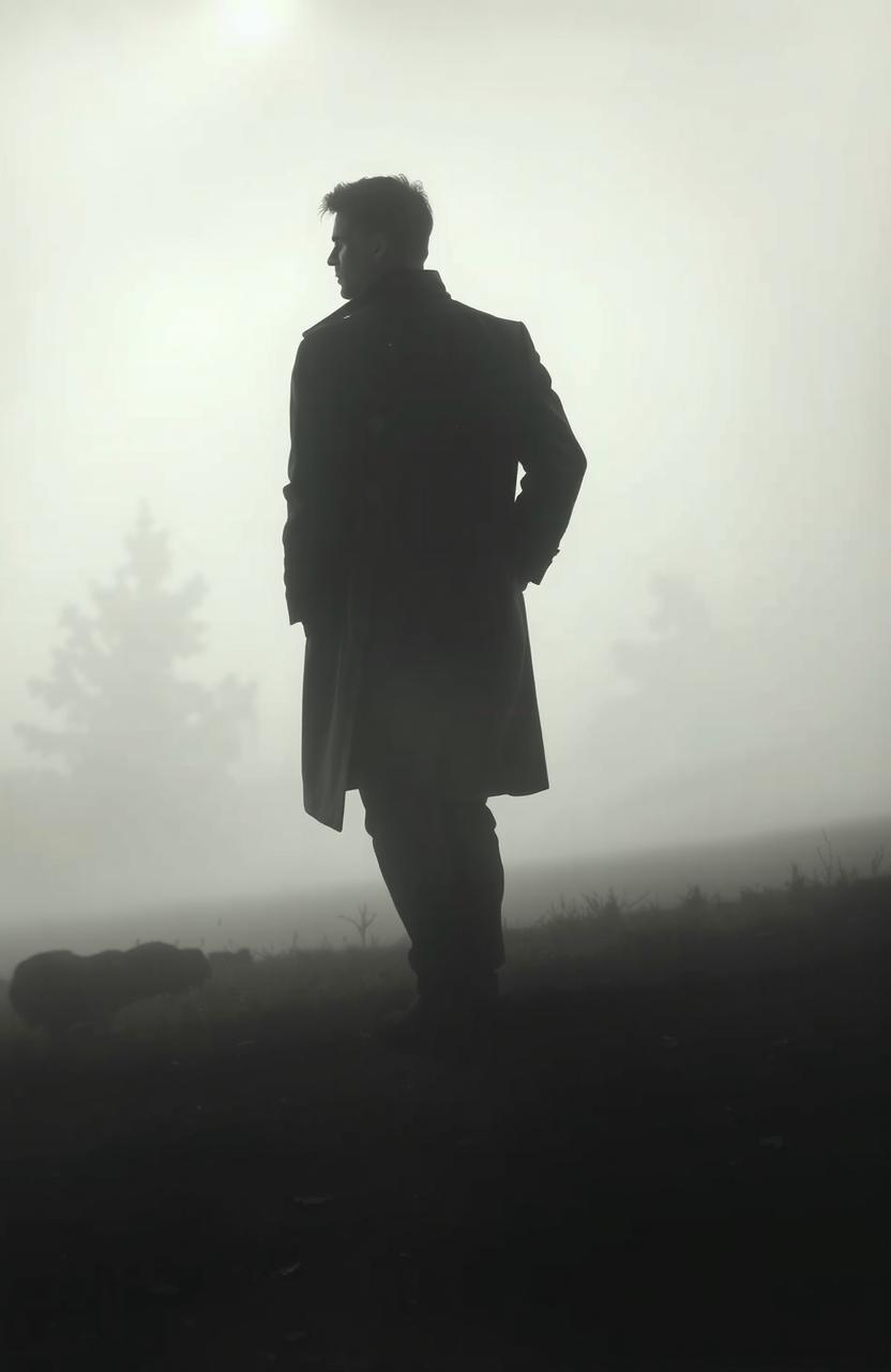 A silhouette of a man walking through a dense fog, searching for traces of his lost life