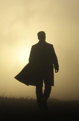 A silhouette of a man walking through a dense fog, searching for traces of his lost life