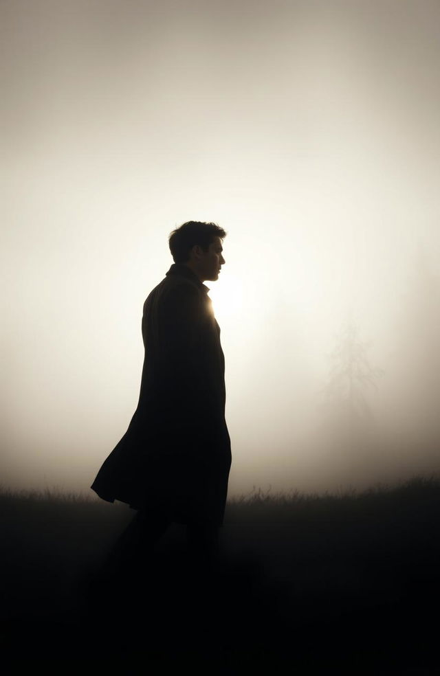 A silhouette of a man walking through a dense fog, searching for traces of his lost life