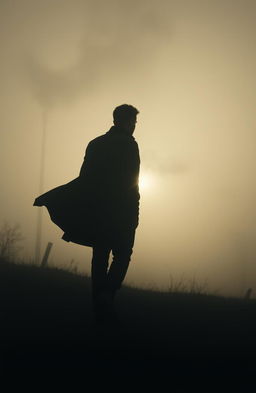 A silhouette of a man walking through a dense fog, searching for traces of his lost life