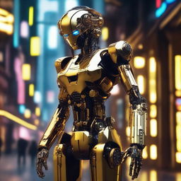 A golden halos robotic figure in a richly detailed cyberpunk setting.