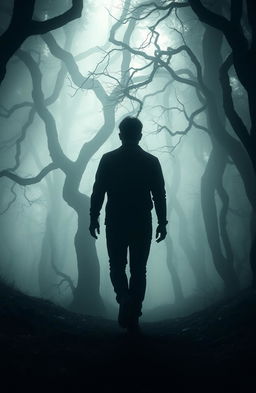 A shadowy figure of a man wandering through a misty forest, seeking traces of his lost life
