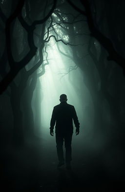 A shadowy figure of a man wandering through a misty forest, seeking traces of his lost life
