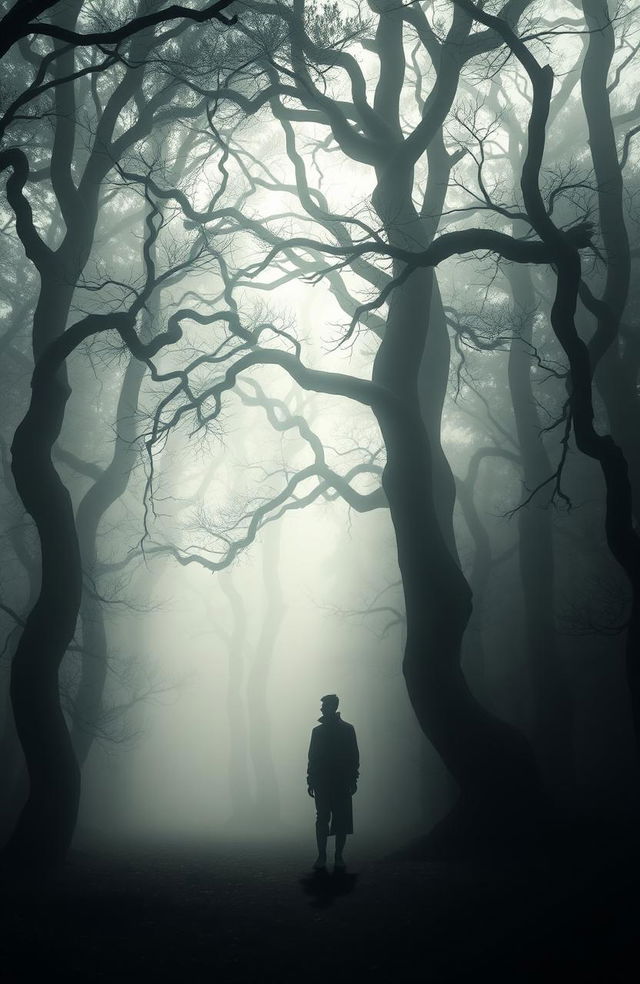 A shadowy figure of a man wandering through a misty forest, seeking traces of his lost life