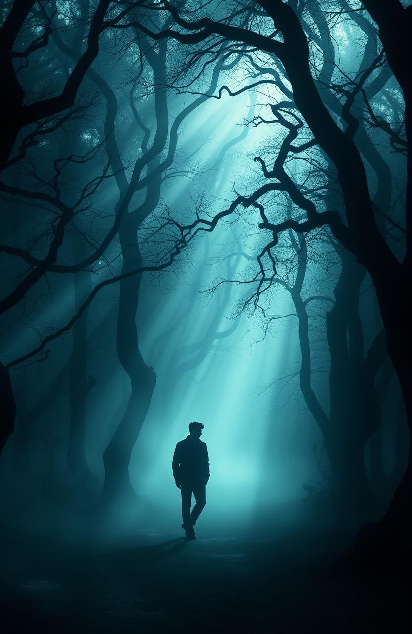 A shadowy figure of a man wandering through a misty forest, seeking traces of his lost life