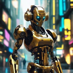 A golden halos robotic figure in a richly detailed cyberpunk setting.