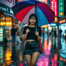 A stylish Asian teenager walking on a rainy street, dressed in a black top and a short skirt, holding a colorful umbrella