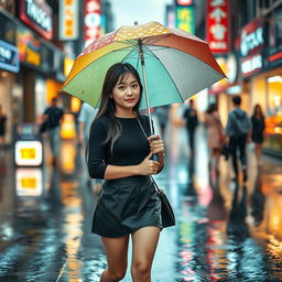 A stylish Asian teenager walking on a rainy street, dressed in a black top and a short skirt, holding a colorful umbrella
