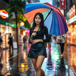 A stylish Asian teenager walking on a rainy street, dressed in a black top and a short skirt, holding a colorful umbrella