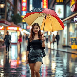 A stylish Asian teenager walking on a rainy street, dressed in a black top and a short skirt, holding a colorful umbrella
