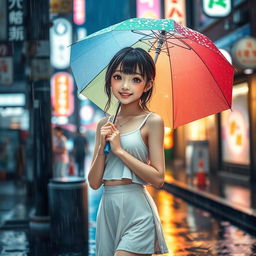 A Japanese teenager depicted in a rainy street scene, wearing a chic white tank top (sando) paired with a short skirt