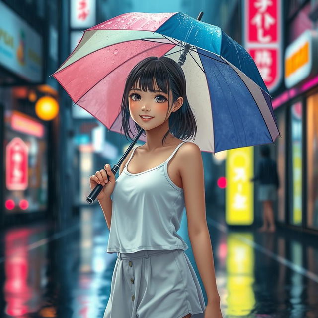 A Japanese teenager depicted in a rainy street scene, wearing a chic white tank top (sando) paired with a short skirt