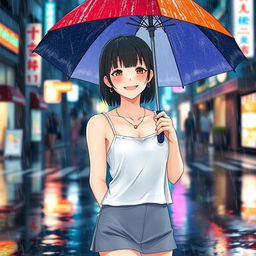 A Japanese teenager depicted in a rainy street scene, wearing a chic white tank top (sando) paired with a short skirt