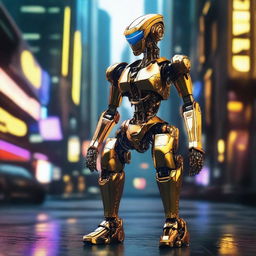 A golden halos robotic figure in a richly detailed cyberpunk setting.