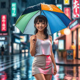 A Japanese teenager depicted in a rainy street scene, wearing a chic white tank top (sando) paired with a short skirt