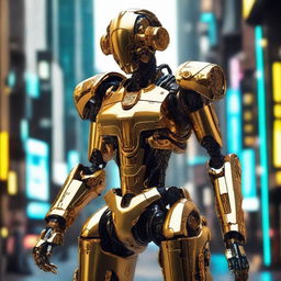 A golden halos robotic figure in a richly detailed cyberpunk setting.