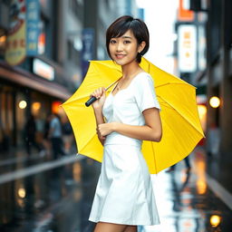 A young Japanese woman standing on a rainy street, wearing a white sando top and a short skirt, holding a bright yellow umbrella