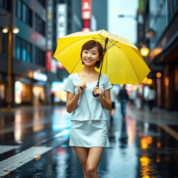 A young Japanese woman standing on a rainy street, wearing a white sando top and a short skirt, holding a bright yellow umbrella