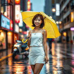 A young Japanese woman standing on a rainy street, wearing a white sando top and a short skirt, holding a bright yellow umbrella