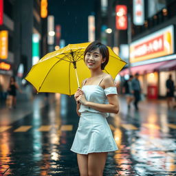A young Japanese woman standing on a rainy street, wearing a white sando top and a short skirt, holding a bright yellow umbrella
