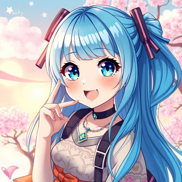 A vibrant and expressive digital artwork of a blue-haired anime girl, showcasing her unique character design with large, shimmering blue eyes, flowing long hair that sparkles with highlights of lighter blue, and stylish accessories such as a choker necklace and colorful hair clips