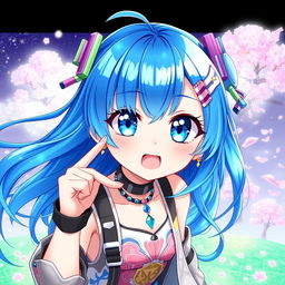 A vibrant and expressive digital artwork of a blue-haired anime girl, showcasing her unique character design with large, shimmering blue eyes, flowing long hair that sparkles with highlights of lighter blue, and stylish accessories such as a choker necklace and colorful hair clips