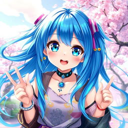 A vibrant and expressive digital artwork of a blue-haired anime girl, showcasing her unique character design with large, shimmering blue eyes, flowing long hair that sparkles with highlights of lighter blue, and stylish accessories such as a choker necklace and colorful hair clips