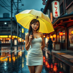 A seductive Japanese woman standing on a rainy street, wearing a fitted white sando top, paired with a short skirt