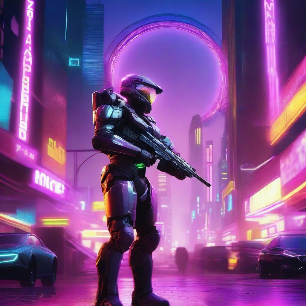 A halo portrayed in a cyberpunk style, aglow with neon lights amidst a futuristic cityscape.