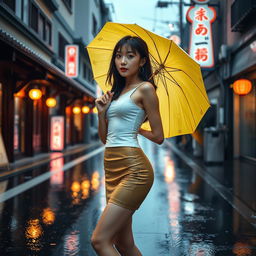 A seductive Japanese woman standing on a rainy street, wearing a fitted white sando top, paired with a short skirt