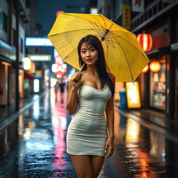 A seductive Japanese woman standing on a rainy street, wearing a fitted white sando top, paired with a short skirt