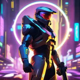 A halo portrayed in a cyberpunk style, aglow with neon lights amidst a futuristic cityscape.