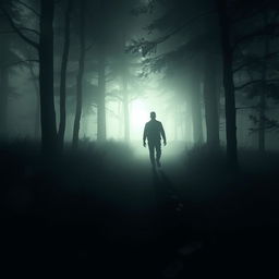 A haunting yet serene depiction of the silhouette of a man searching for lost traces of his life in a misty, dimly-lit forest