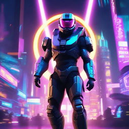 A halo portrayed in a cyberpunk style, aglow with neon lights amidst a futuristic cityscape.