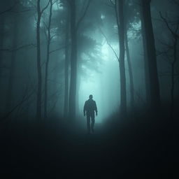 A haunting yet serene depiction of the silhouette of a man searching for lost traces of his life in a misty, dimly-lit forest