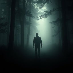 A haunting yet serene depiction of the silhouette of a man searching for lost traces of his life in a misty, dimly-lit forest