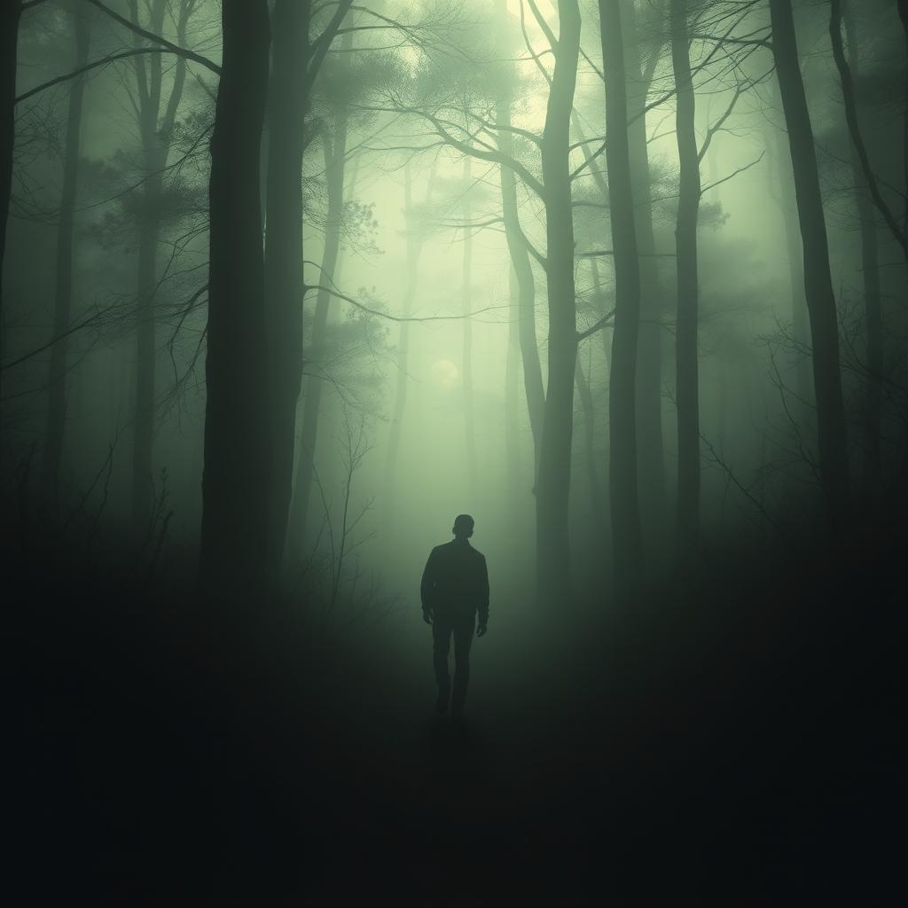 A haunting yet serene depiction of the silhouette of a man searching for lost traces of his life in a misty, dimly-lit forest