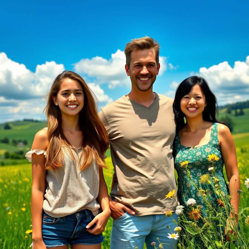 A pretty teenage girl standing in a picturesque prairie, smiling and enjoying the beautiful scenery