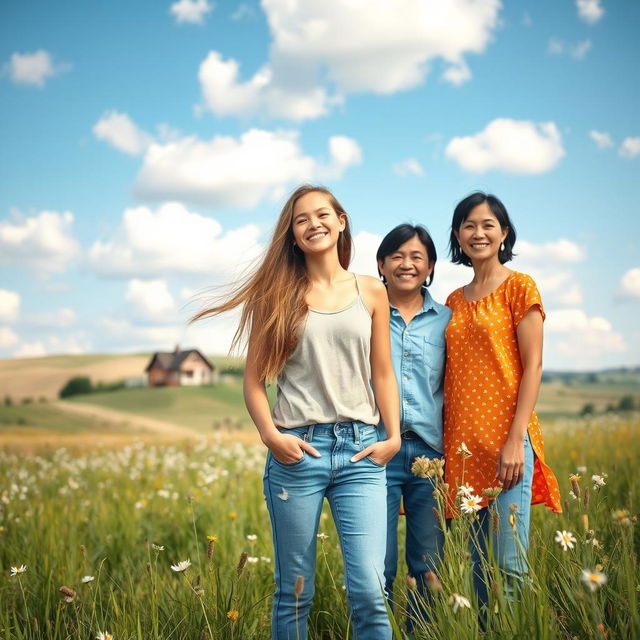 A pretty teenage girl standing in a picturesque prairie, smiling and enjoying the beautiful scenery