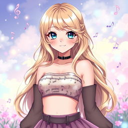 Digital art of an anime girl inspired by Taylor Swift, featuring long blonde hair styled in soft waves, a playful smile, and expressive blue eyes