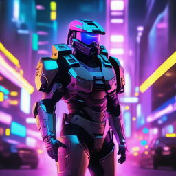 A halo portrayed in a cyberpunk style, aglow with neon lights amidst a futuristic cityscape.