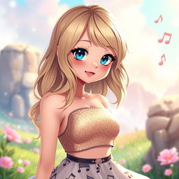 Digital art of an anime girl inspired by Taylor Swift, featuring long blonde hair styled in soft waves, a playful smile, and expressive blue eyes